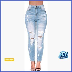High Waisted Ripped Skinny Stretch Jeans Distressed Denim Pants